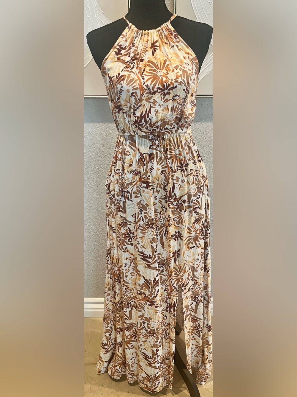 Flowy Brown Floral Maxi Skirt - Neutral Floral Print